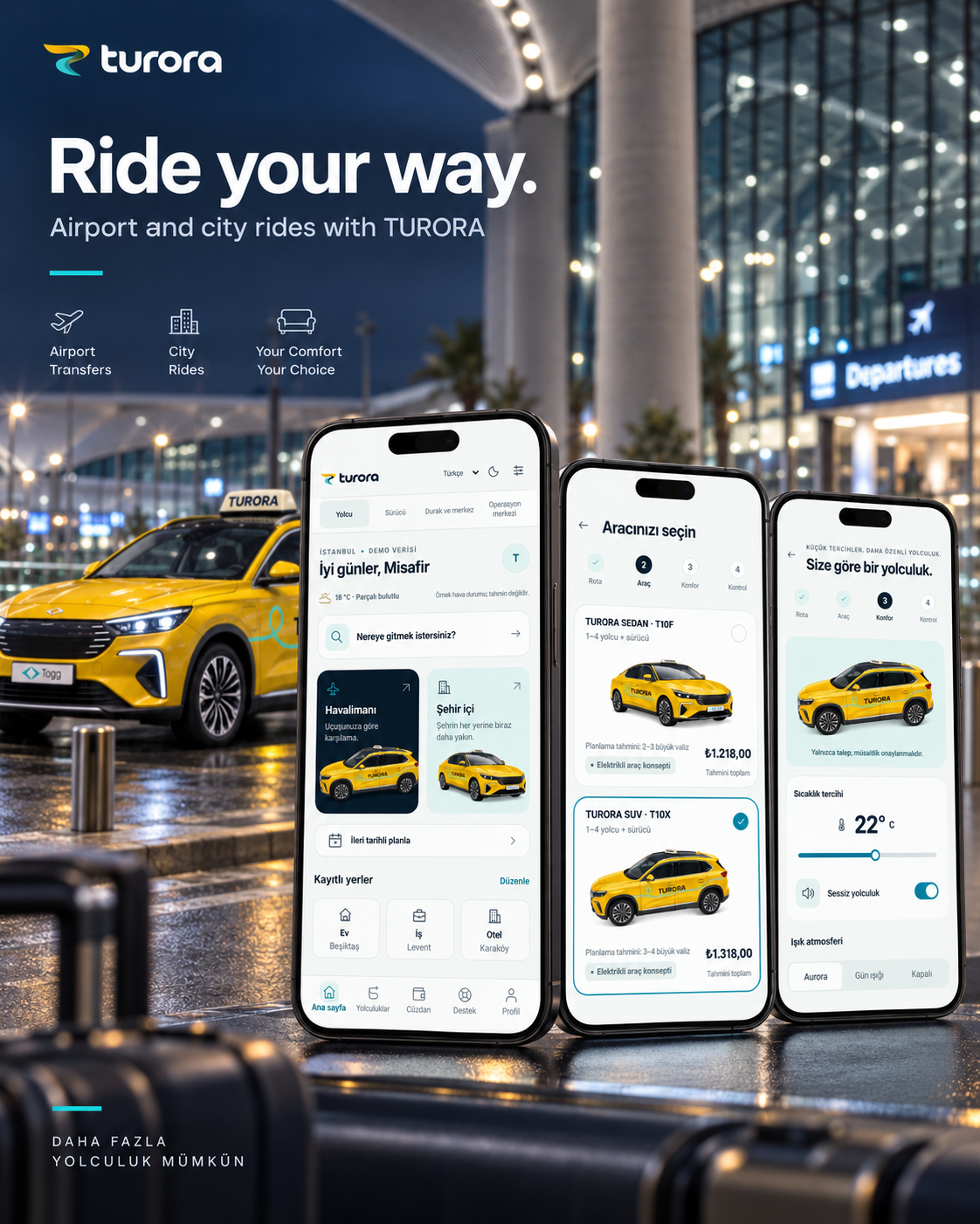 TURORA passenger app and T10X airport concept, dark presentation visual