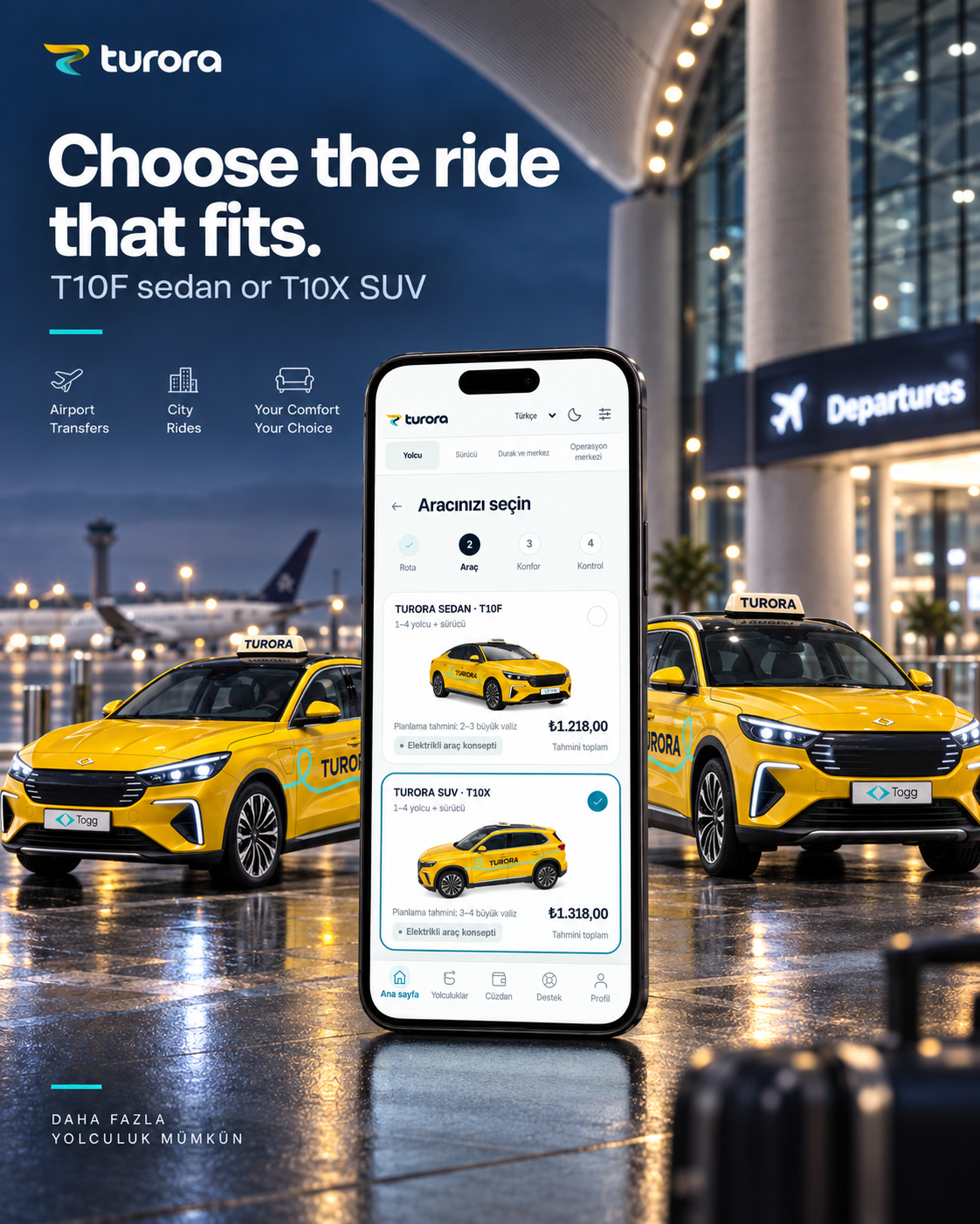 TURORA T10F sedan and T10X SUV vehicle selection screen